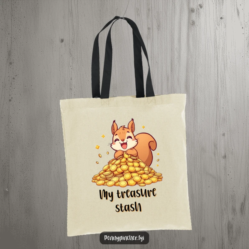Funny squirrel tote bag with an ecstatic squirrel protectively guarding a large heap of sparkling coins, ideal for carrying essentials with flair.