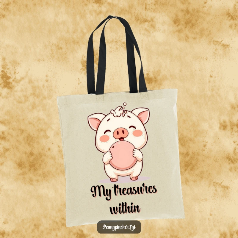 Funny tote bag, animal character proudly displaying an overflowing piggy bank, symbolizing financial success and a humorous lifestyle.