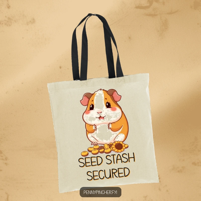 Funny guinea pig tote bag, a contented character arranging sunflower seeds, practical and humorous for everyday.